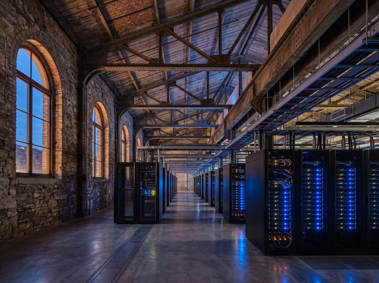 Modern data center with server racks inside a preserved historic industrial building with restored brick and arched windows