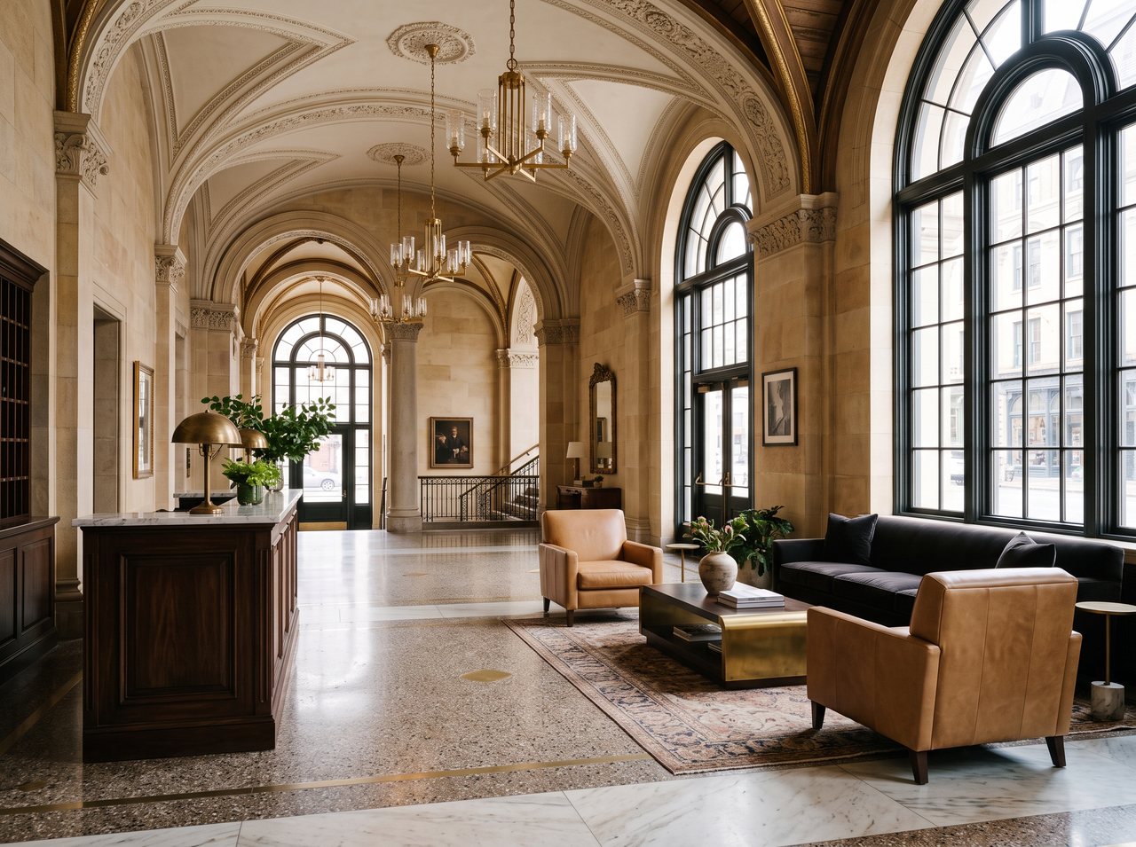 Luxury boutique hotel lobby inside a converted historic building with restored ceilings and brass furnishings